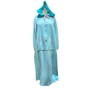 Vtg Mary Barron Blue Hooded Fleece Long House Coat Pouch Pocket Nightgown Zip